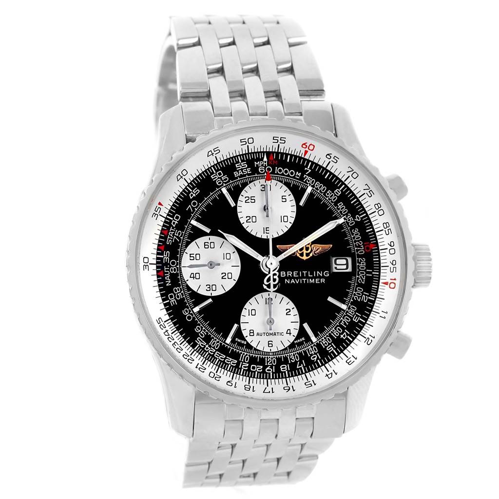 This image displays a front view of the Breitling Navitimer A13322 Men
s Stainless Steel Black Dial A13322 Men
s Stainless Steel Black Dial watch, showcasing its dial, bezel, and bracelet.
