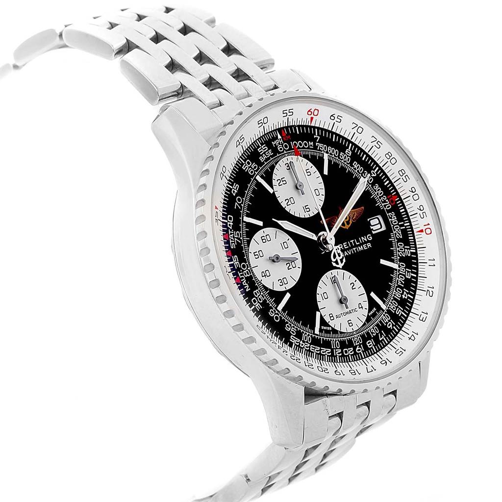 This image shows the Breitling Navitimer A13322 Men
s Stainless Steel Black Dial A13322 Men
s Stainless Steel Black Dial watch from a diagonal angle, highlighting its stainless steel case, black dial, and bracelet.