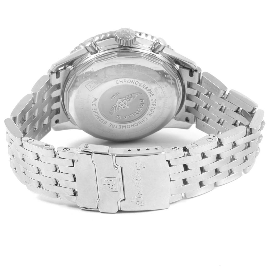 The image shows the back case and bracelet clasp of a Breitling Navitimer A13322 Men
s Stainless Steel Black Dial A13322 Men
s Stainless Steel Black Dial watch from a rear angle.