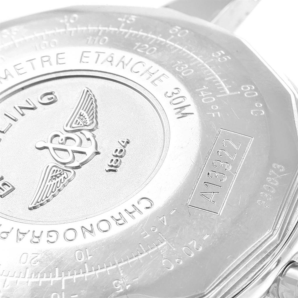 This image shows the back case of a Breitling Navitimer A13322 Men
s Stainless Steel Black Dial A13322 Men
s Stainless Steel Black Dial watch, highlighting its branding and engraving details.