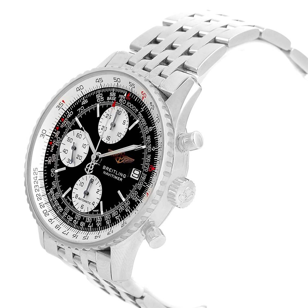 The image shows a Breitling Navitimer A13322 Men
s Stainless Steel Black Dial A13322 Men
s Stainless Steel Black Dial watch at an angled side view, highlighting the dial, bezel, case, pushers, and bracelet.