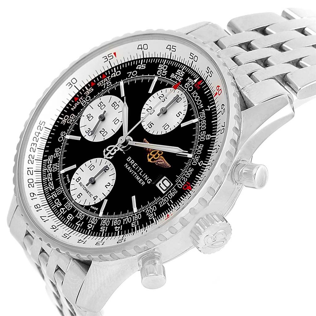 The Breitling Navitimer A13322 Men
s Stainless Steel Black Dial A13322 Men
s Stainless Steel Black Dial watch is shown from a three-quarter angle, highlighting its dial, bezel, pushers, and bracelet.