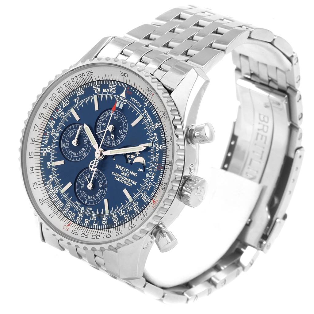 The image shows a Breitling Navitimer A19370 Men's Stainless Steel Blue Dial A19370 Men's Stainless Steel Blue Dial watch at a three-quarter angle, displaying the face, bezel, chronograph dials, and metal bracelet.