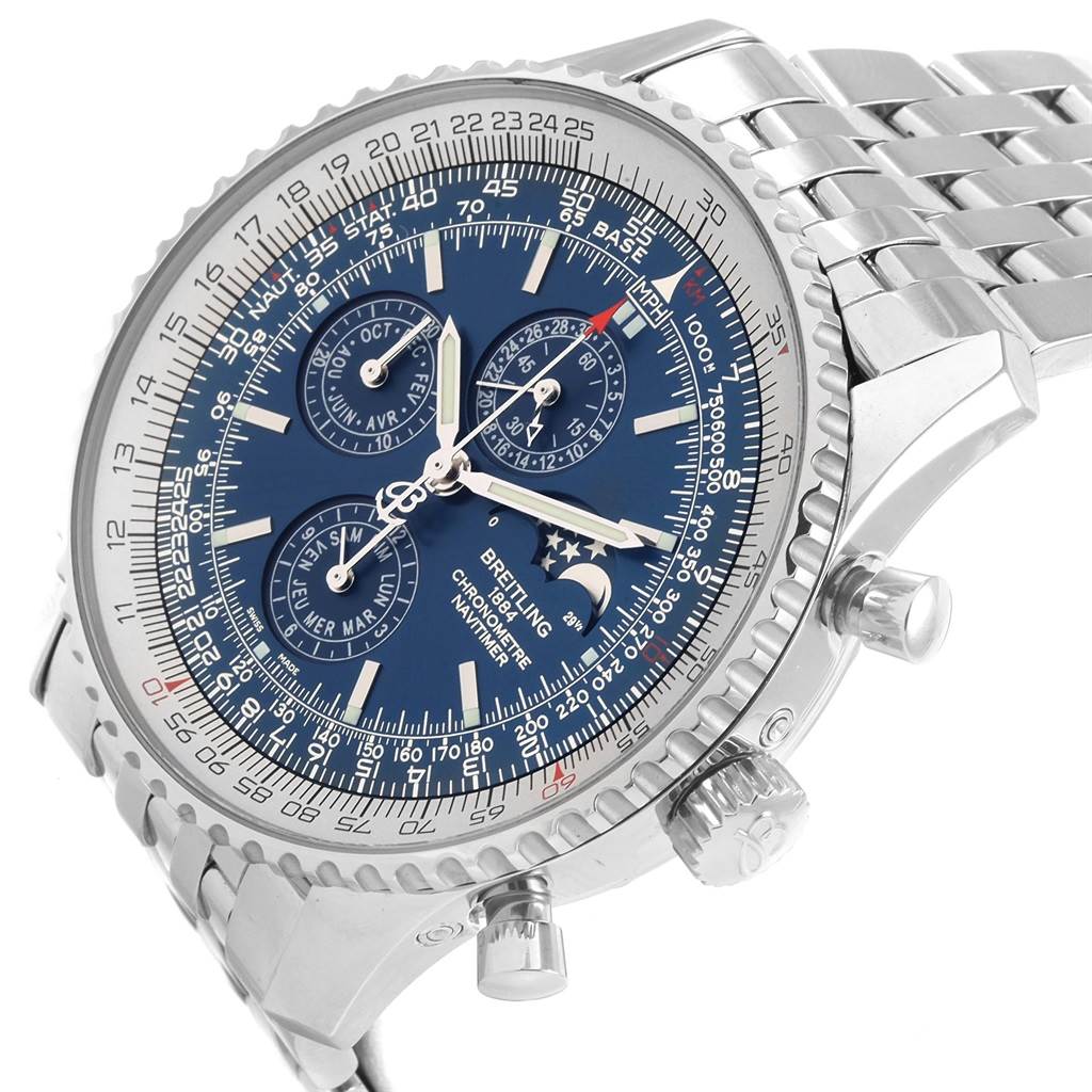 The Breitling Navitimer A19370 Men's Stainless Steel Blue Dial A19370 Men's Stainless Steel Blue Dial watch is shown at a slight angle showcasing the face, bezel, crown, and stainless steel bracelet.
