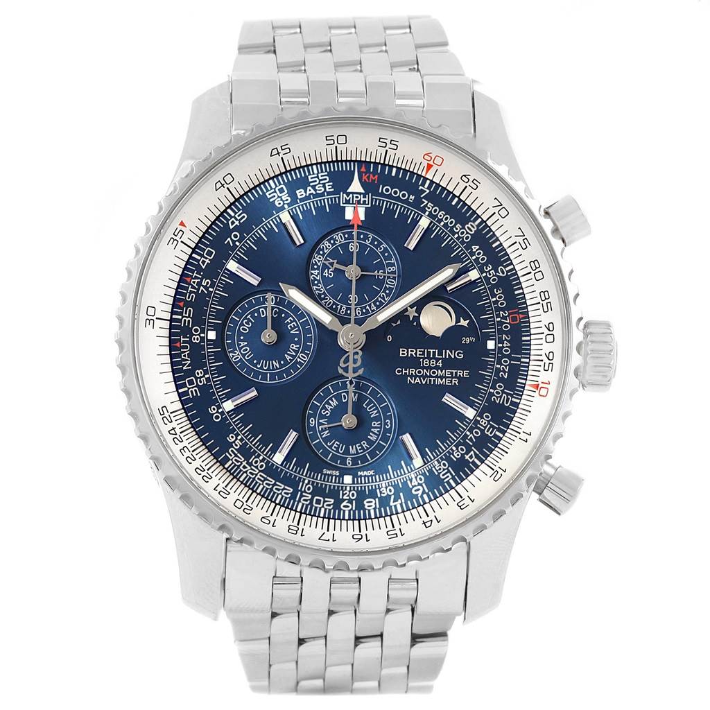 This image shows a front view of the Breitling Navitimer A19370 Men's Stainless Steel Blue Dial A19370 Men's Stainless Steel Blue Dial watch, highlighting the face, dial, bezel, and bracelet.