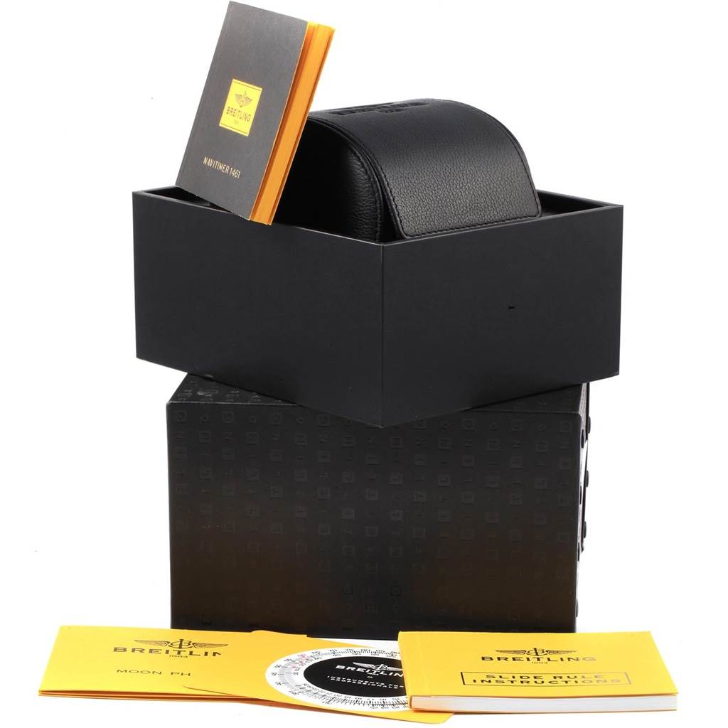 The image shows the packaging, case, and instruction manuals for a Breitling Navitimer A19370 Men's Stainless Steel Blue Dial A19370 Men's Stainless Steel Blue Dial watch viewed from a three-quarter angle.