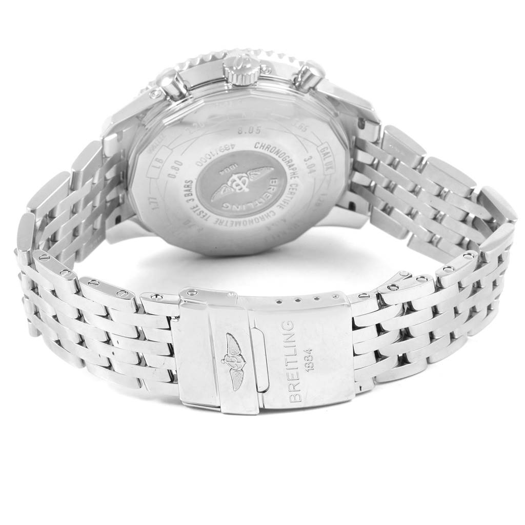 The image shows the back view of a Breitling Navitimer A19370 Men's Stainless Steel Blue Dial A19370 Men's Stainless Steel Blue Dial watch, focusing on the closed case back and the metal bracelet with the Breitling clasp.