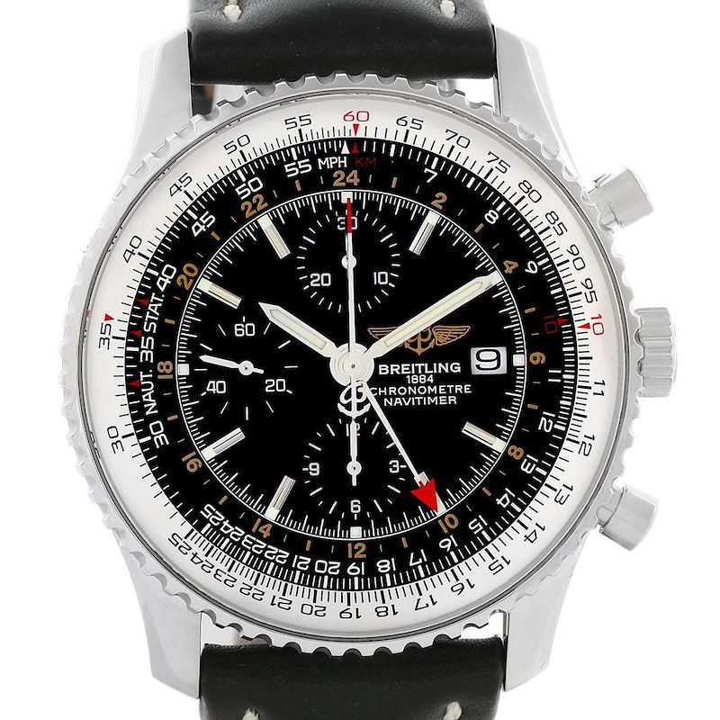 Breitling Navitimer World GMT Steel Black Dial Watch A24322 Papers SwissWatchExpo
