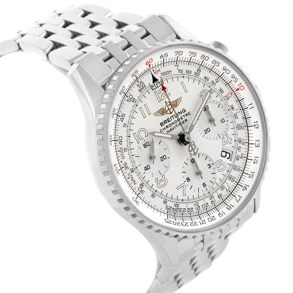 The image shows a close-up of the Breitling Navitimer A23322 Men
s Stainless Steel Silver Dial A23322 Men
s Stainless Steel Silver Dial
s watch face and metal bracelet from an angled top-left view.