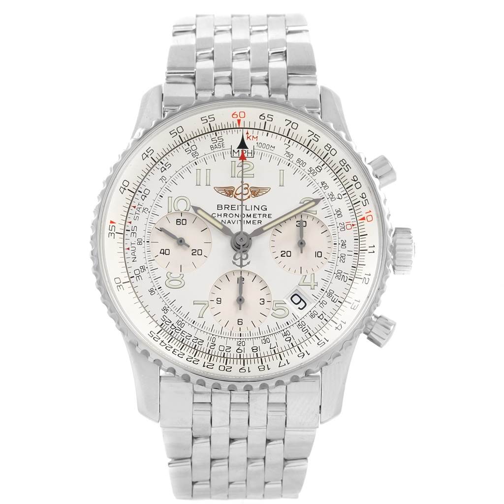 The image shows a front view of a Breitling Navitimer A23322 Men
s Stainless Steel Silver Dial A23322 Men
s Stainless Steel Silver Dial watch, highlighting the dial, bezel, and metal bracelet.