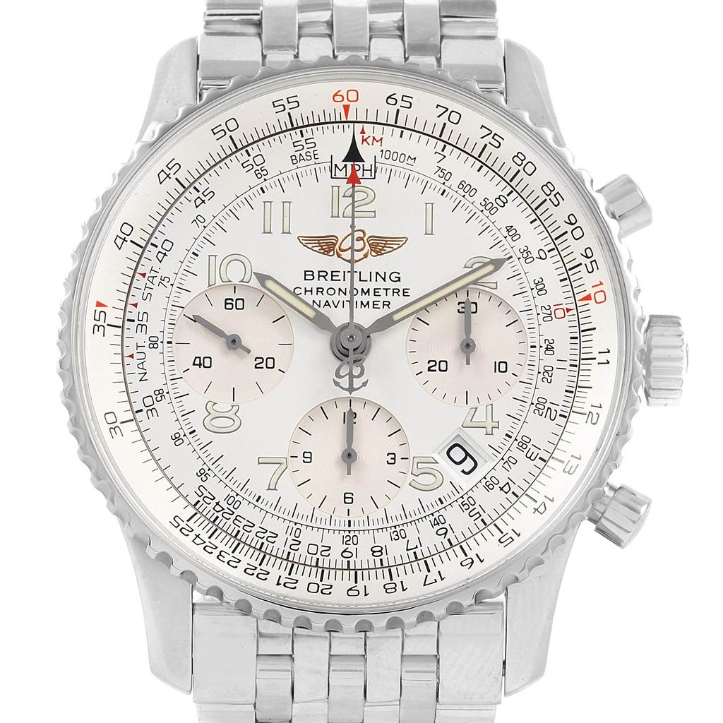 The image shows a Breitling Navitimer A23322 Men
s Stainless Steel Silver Dial A23322 Men
s Stainless Steel Silver Dial watch from the front, displaying its dial, chronograph subdials, and metal bracelet.