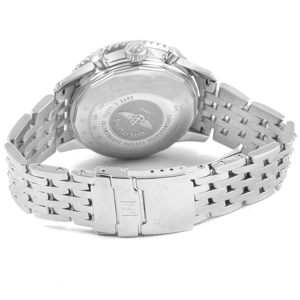 The image shows the back and clasp of a Breitling Navitimer A23322 Men
s Stainless Steel Silver Dial A23322 Men
s Stainless Steel Silver Dial watch at a slight angle.