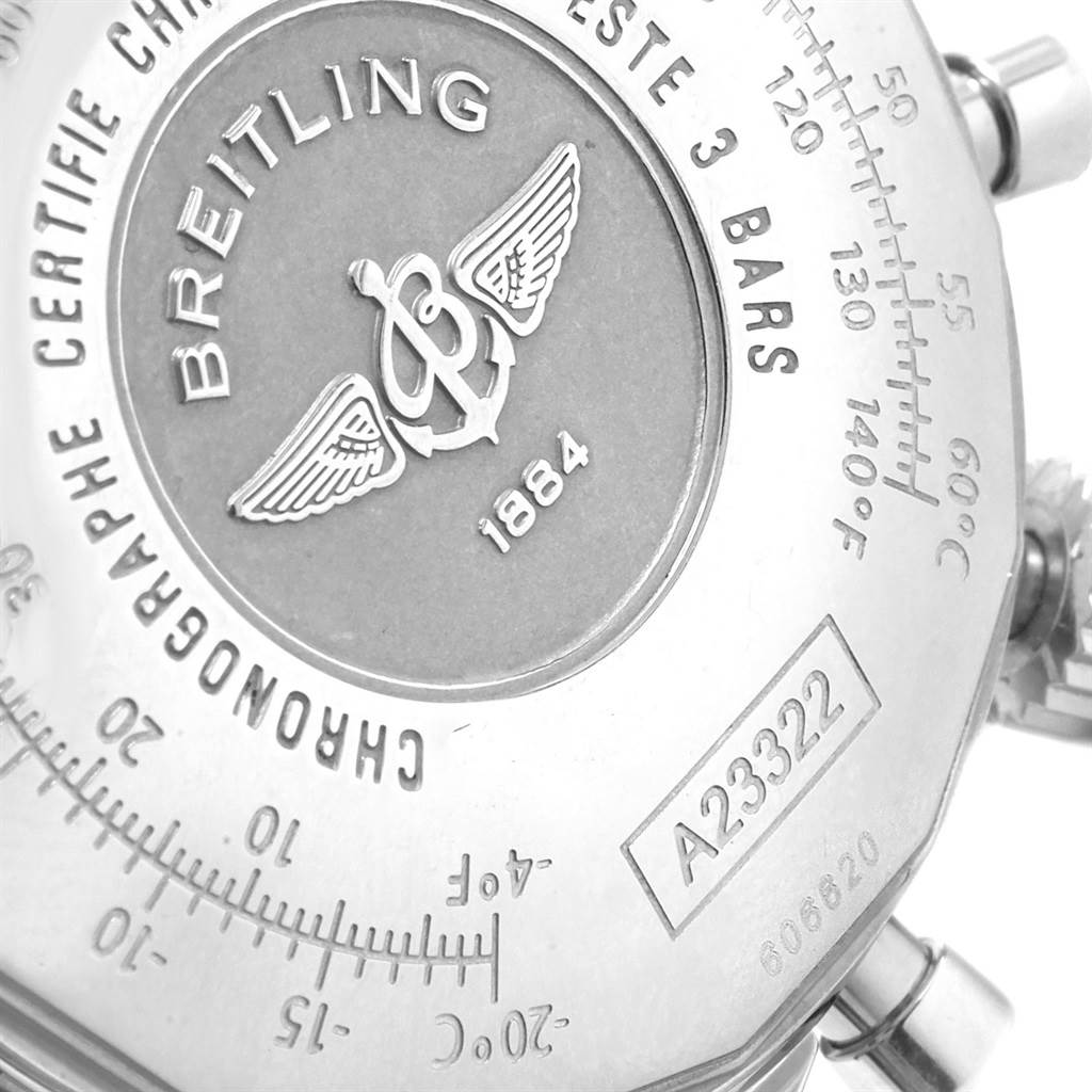 The image shows the case back of a Breitling Navitimer A23322 Men
s Stainless Steel Silver Dial A23322 Men
s Stainless Steel Silver Dial watch, displaying the brand
s logo, text, and model number.
