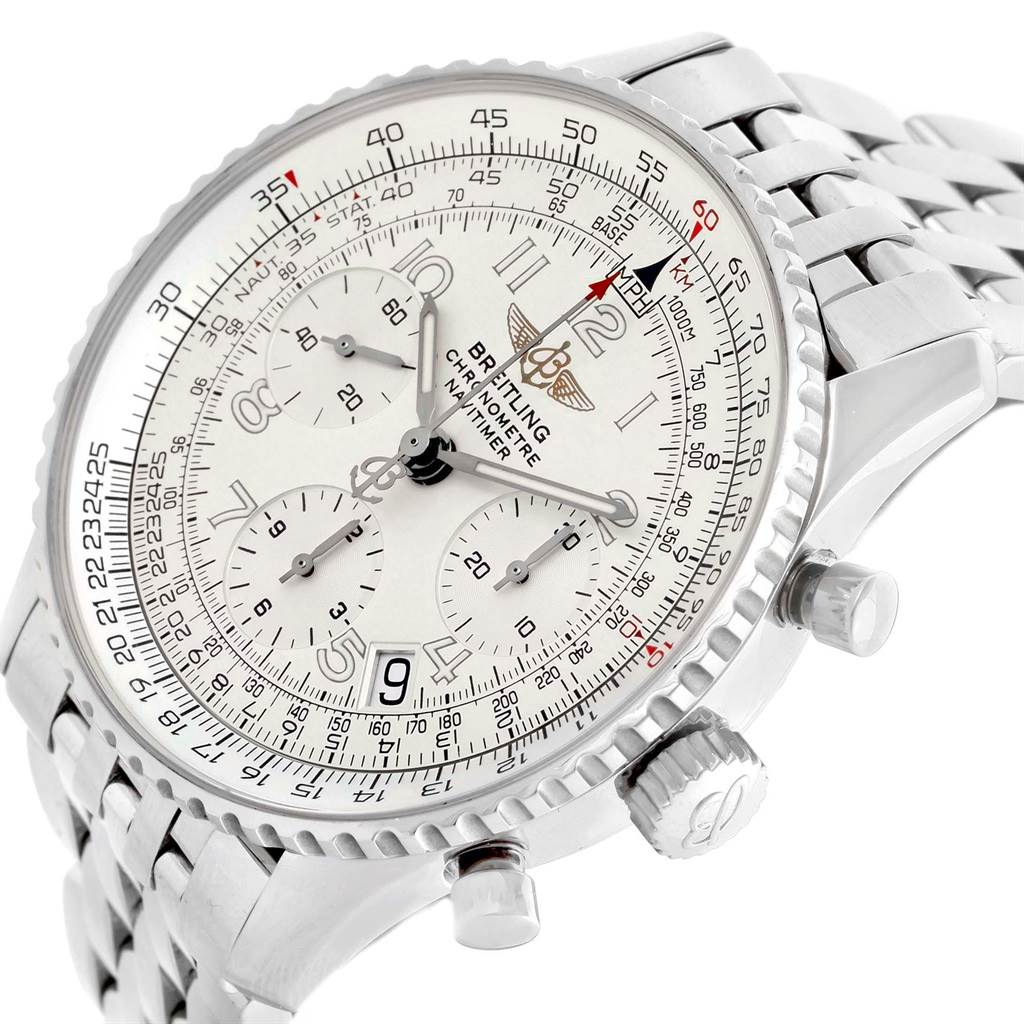 The image shows a Breitling Navitimer A23322 Men
s Stainless Steel Silver Dial A23322 Men
s Stainless Steel Silver Dial watch at an angled close-up, highlighting its dial, bezel, and stainless steel bracelet.