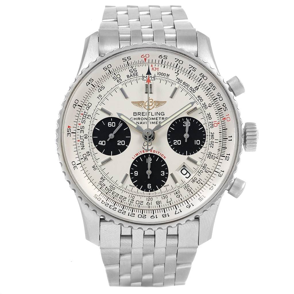 The image shows a front view of the Breitling Navitimer A23322 Men
s Stainless Steel Silver Dial A23322 Men
s Stainless Steel Silver Dial watch, capturing the dial, chronograph subdials, and stainless steel bracelet.