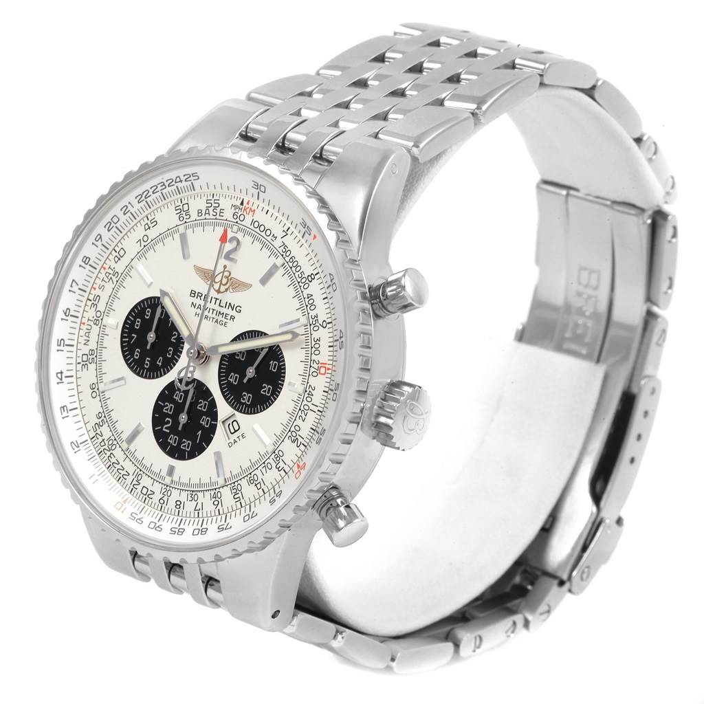 The image shows a Breitling Navitimer A35350 Men
s Stainless Steel Silver Dial A35350 Men
s Stainless Steel Silver Dial watch at a three-quarter angle, highlighting the dial, bezel, crown, and bracelet.