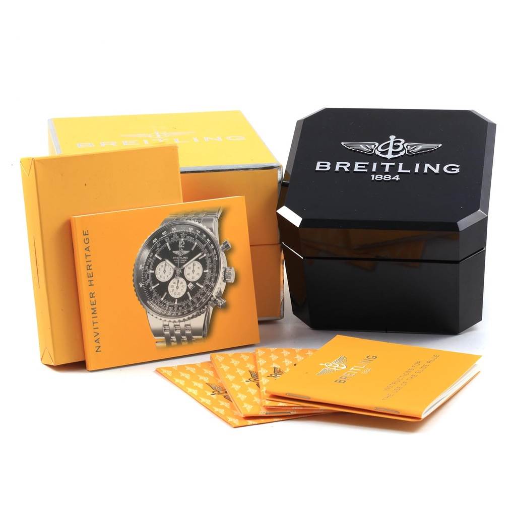 This image shows Breitling Navitimer A35350 Men
s Stainless Steel Silver Dial A35350 Men
s Stainless Steel Silver Dial watch accessories, including the watch box, manuals, and packaging.