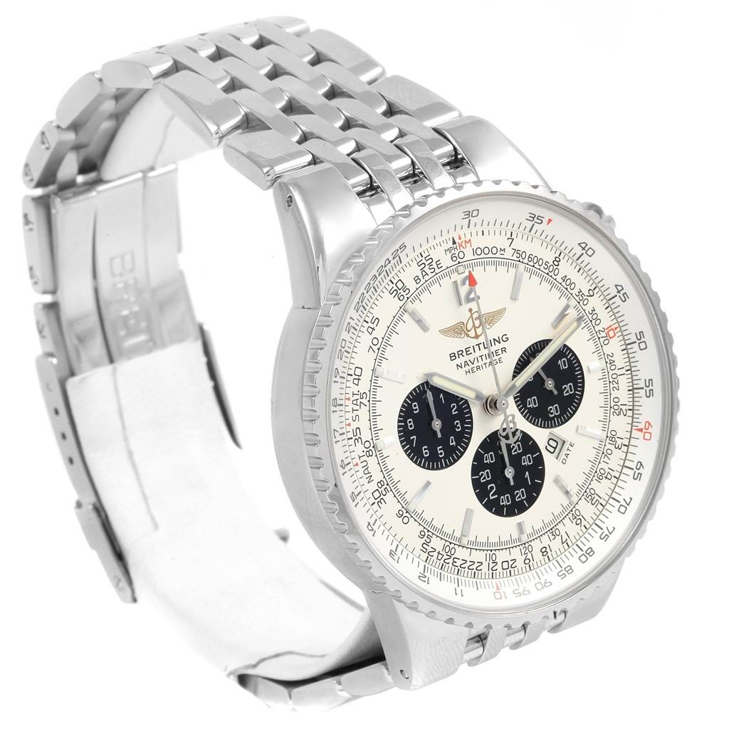 The image shows a Breitling Navitimer A35350 Men
s Stainless Steel Silver Dial A35350 Men
s Stainless Steel Silver Dial watch at a front-side angle, highlighting the face, bezel, and metal bracelet.
