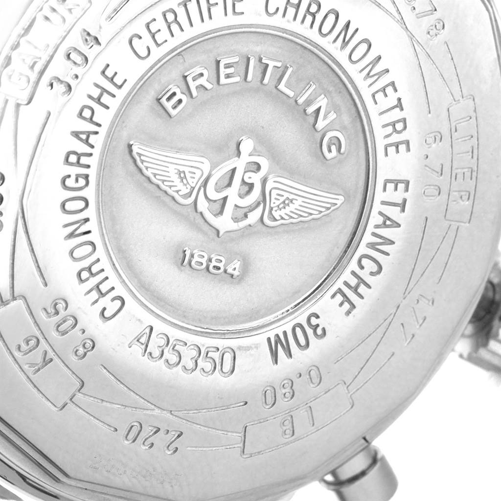 This image shows the case back of a Breitling Navitimer A35350 Men
s Stainless Steel Silver Dial A35350 Men
s Stainless Steel Silver Dial watch, displaying engravings and the brand logo.