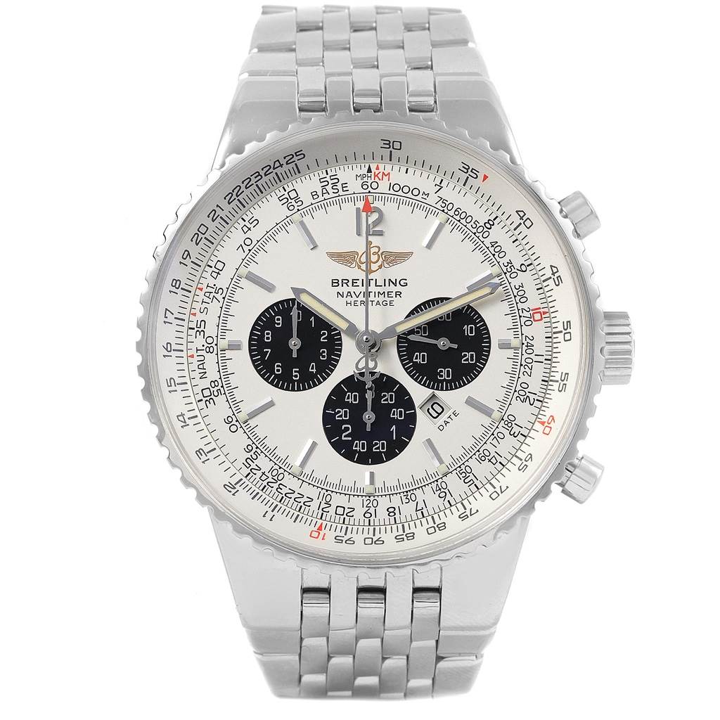 The image shows a front view of a Breitling Navitimer A35350 Men
s Stainless Steel Silver Dial A35350 Men
s Stainless Steel Silver Dial watch, featuring its face, sub-dials, bezel, and metal bracelet.