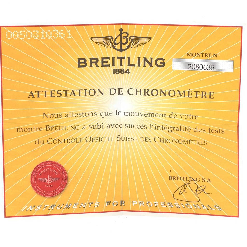 The image shows an official chronometer certificate for a Navitimer watch by Breitling, with the model number 2080635.