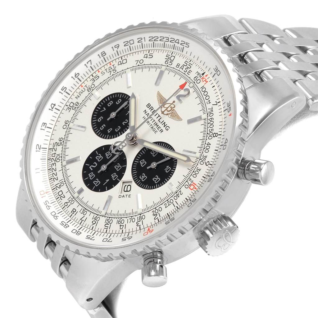 The image shows a Breitling Navitimer A35350 Men
s Stainless Steel Silver Dial A35350 Men
s Stainless Steel Silver Dial watch from a side angle, highlighting its face, bezel, and stainless steel bracelet.