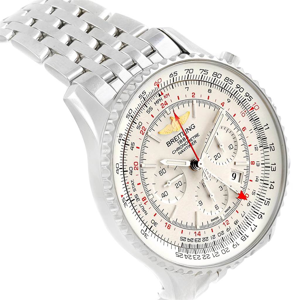 The Breitling Navitimer AB044121-G783-453A Men's Stainless Steel Silver Dial AB044121-G783-453A Men's Stainless Steel Silver Dial watch is captured at a slightly tilted angle, showing the dial, bezel, and part of the metal bracelet.