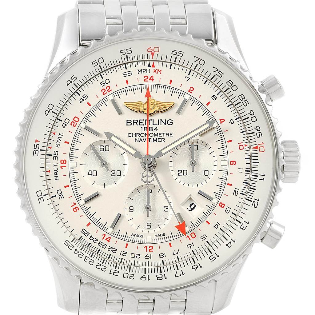 The image shows a front view of the Breitling Navitimer AB044121-G783-453A Men's Stainless Steel Silver Dial AB044121-G783-453A Men's Stainless Steel Silver Dial watch, featuring its face, bezel, and part of the metal bracelet.