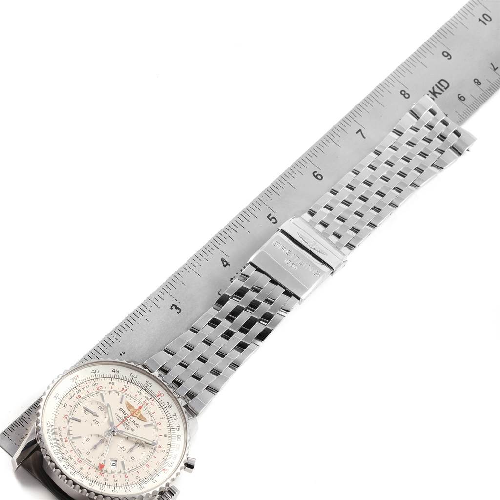 The image shows a Breitling Navitimer AB044121-G783-453A Men's Stainless Steel Silver Dial AB044121-G783-453A Men's Stainless Steel Silver Dial watch laid flat, highlighting the dial and the linked metal bracelet next to a ruler.