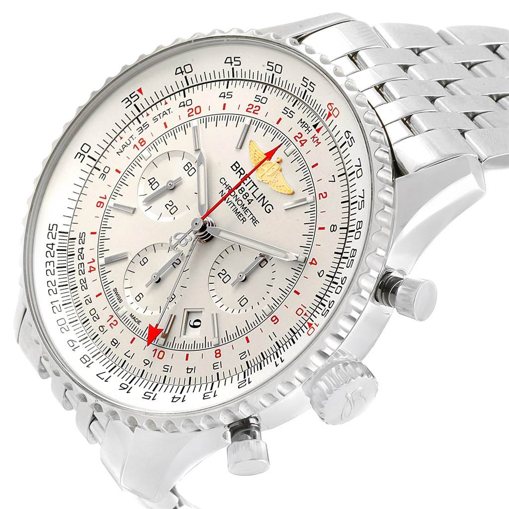 This image shows a side-angle view of a Breitling Navitimer AB044121-G783-453A Men's Stainless Steel Silver Dial AB044121-G783-453A Men's Stainless Steel Silver Dial watch, featuring the watch face, chronograph dials, bezel, and crown.