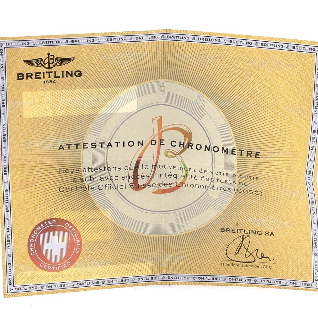 This image shows the certificate of authenticity for the Navitimer model by Breitling.