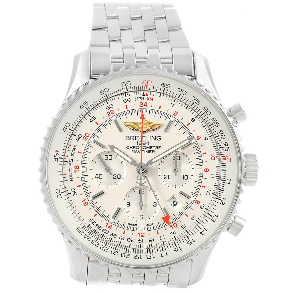 The image shows a front view of a Breitling Navitimer AB044121-G783-453A Men's Stainless Steel Silver Dial AB044121-G783-453A Men's Stainless Steel Silver Dial watch, highlighting the face, bezel, and metal bracelet.