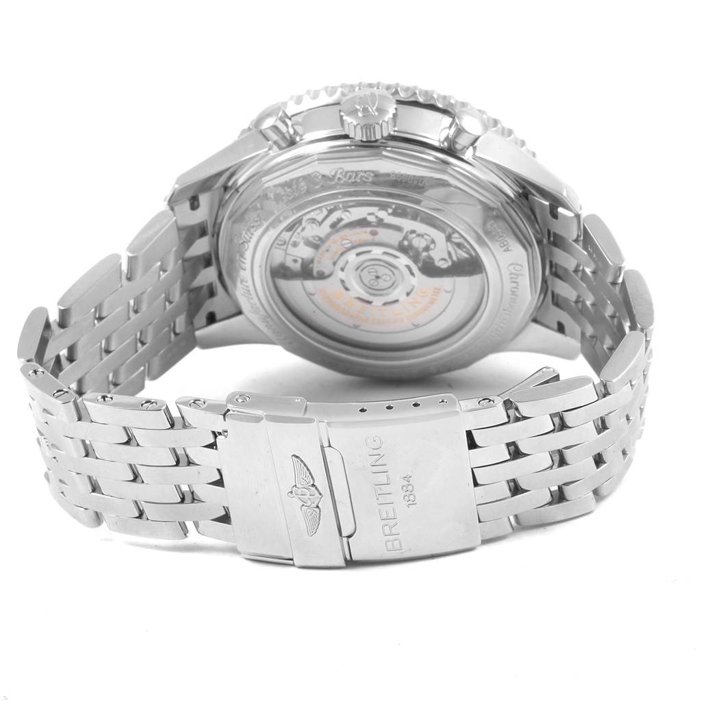 The image shows the Breitling Navitimer AB044121-G783-453A Men's Stainless Steel Silver Dial AB044121-G783-453A Men's Stainless Steel Silver Dial watch from the back, highlighting the transparent case back and metal bracelet with clasp.