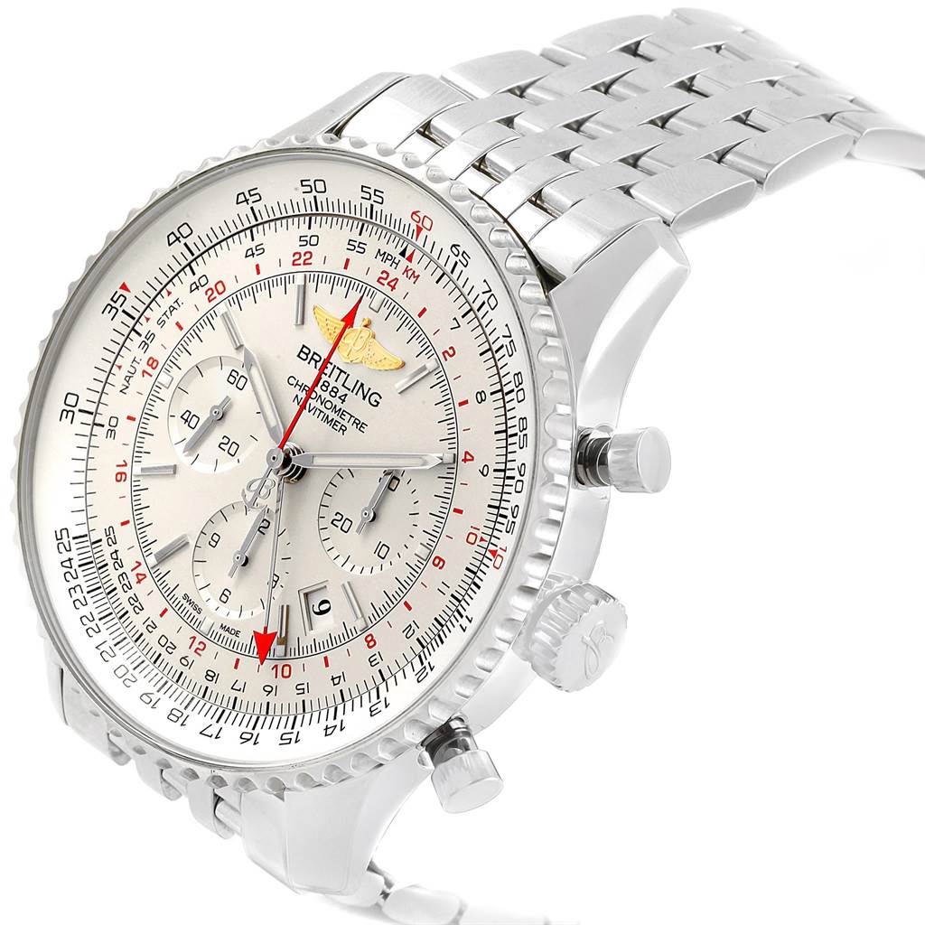 The Breitling Navitimer AB044121-G783-453A Men's Stainless Steel Silver Dial AB044121-G783-453A Men's Stainless Steel Silver Dial watch is shown at an angle displaying its face, bezel, side buttons, and metal bracelet.
