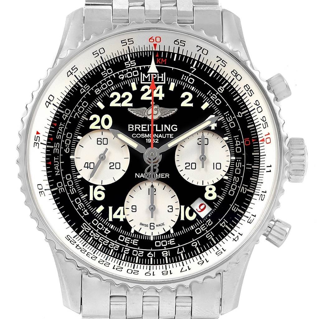 The image shows a front angle of the Breitling Navitimer AB0210 Men's Stainless Steel Black Dial AB0210 Men's Stainless Steel Black Dial watch, displaying the bezel, dial, and three sub-dials.