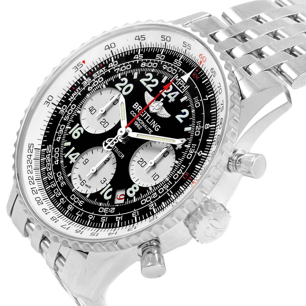 The image shows a close-up view of a Breitling Navitimer AB0210 Men's Stainless Steel Black Dial AB0210 Men's Stainless Steel Black Dial watch focusing on the dial, bezel, and part of the bracelet at a slight angle.