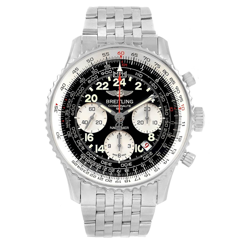 The Breitling Navitimer AB0210 Men's Stainless Steel Black Dial AB0210 Men's Stainless Steel Black Dial watch is shown from a front angle, displaying the full dial, three subdials, bezel, and metal bracelet.