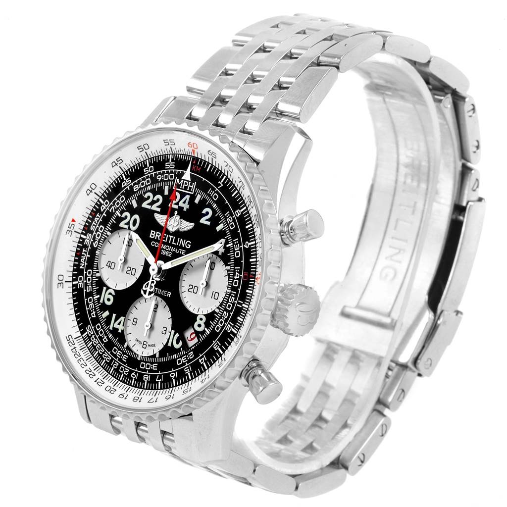 The image shows a Breitling Navitimer AB0210 Men's Stainless Steel Black Dial AB0210 Men's Stainless Steel Black Dial watch angled to display its face, bezel, crown, pushers, and linked metal bracelet.