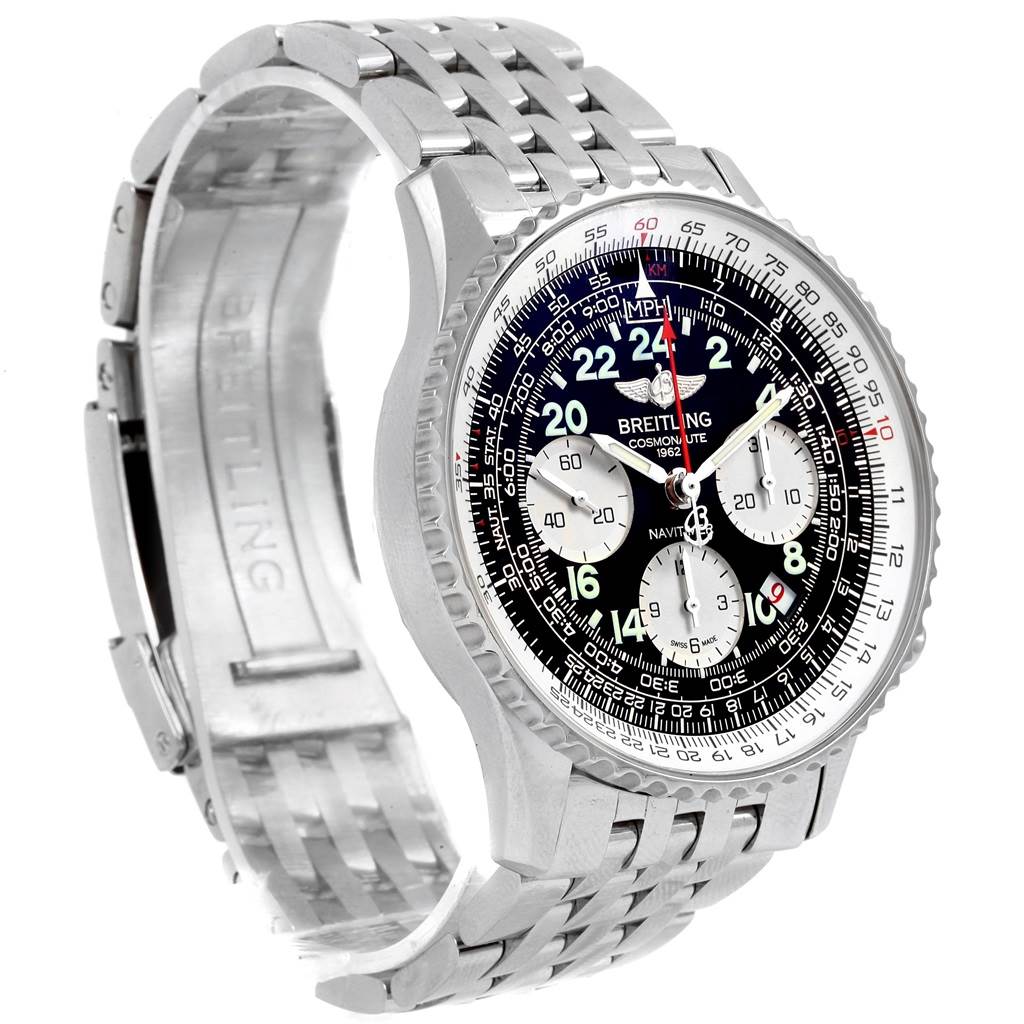 The image shows a Breitling Navitimer AB0210 Men's Stainless Steel Black Dial AB0210 Men's Stainless Steel Black Dial watch at a three-quarter angle, highlighting the face and stainless steel bracelet.