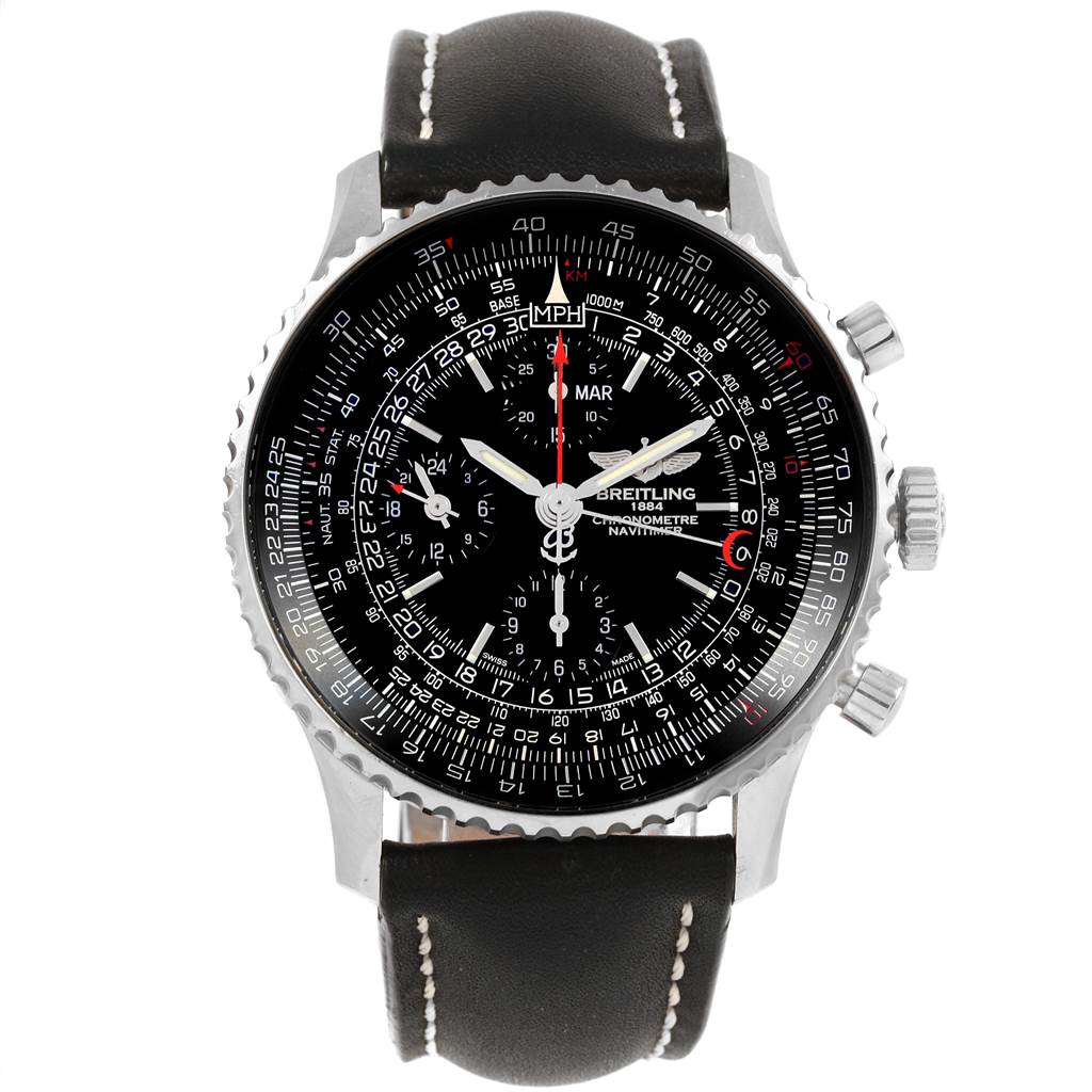 The image shows a front view of the Breitling Navitimer A21350 Men
s Stainless Steel Black Dial A21350 Men
s Stainless Steel Black Dial watch with a black leather strap and detailed dial face.