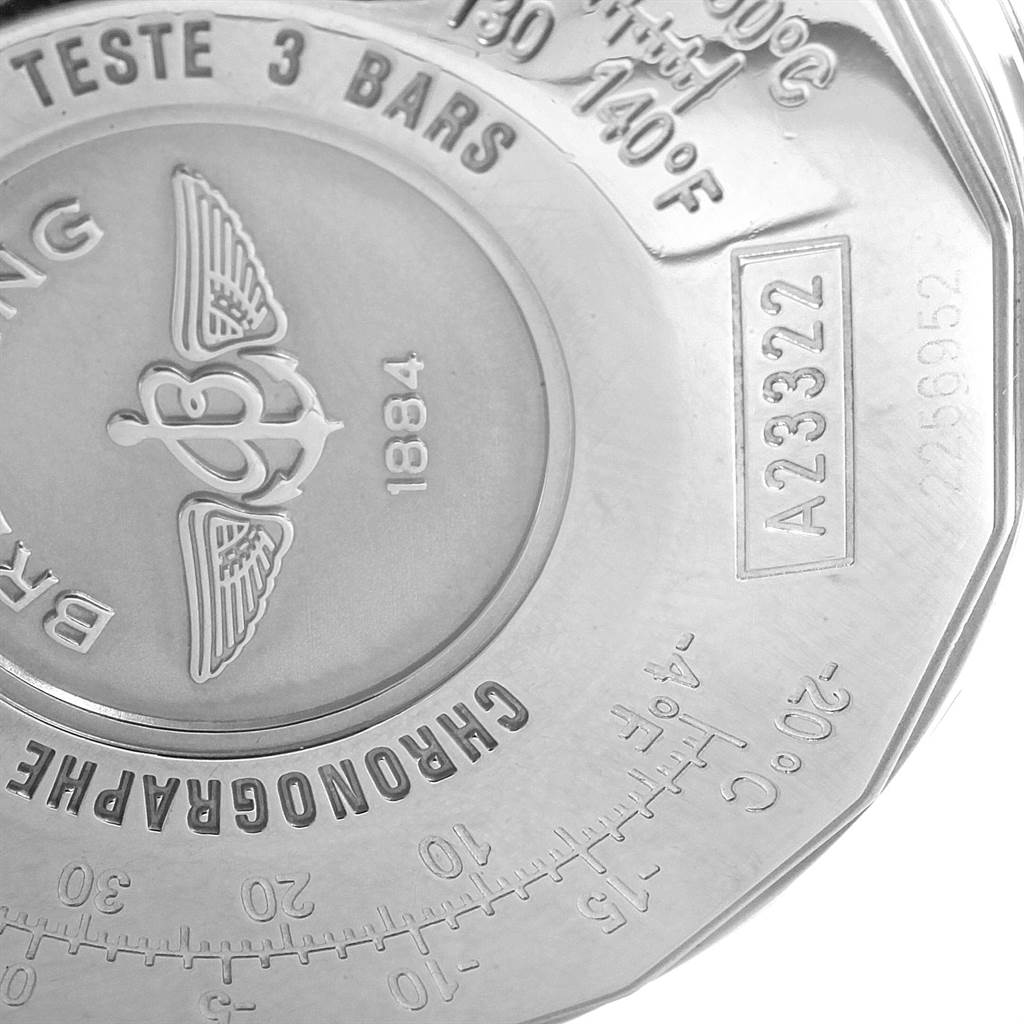 The image shows the back case of a Breitling Navitimer A23322 Men
s Stainless Steel Black Dial A23322 Men
s Stainless Steel Black Dial watch, highlighting its engravings and brand logo.