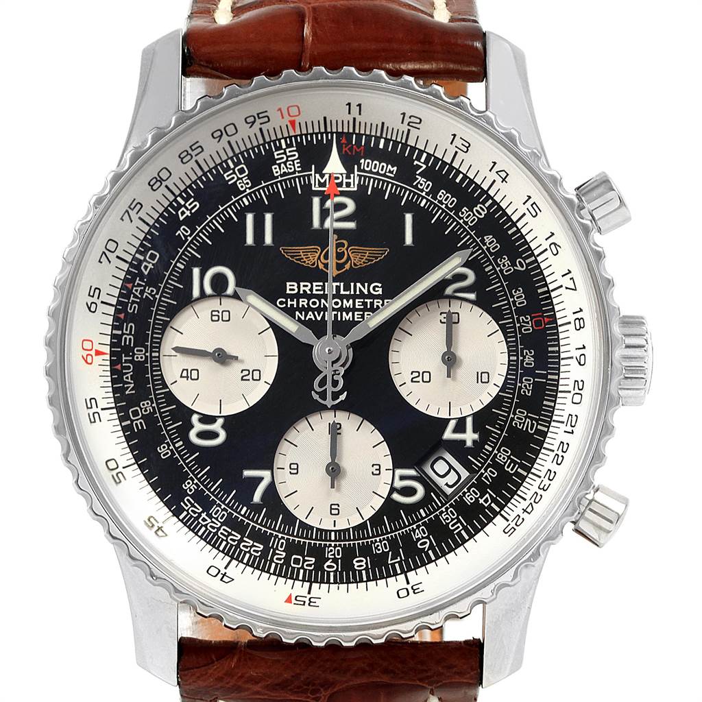 The image shows a front view of a Breitling Navitimer A23322 Men
s Stainless Steel Black Dial A23322 Men
s Stainless Steel Black Dial watch, highlighting its dial, bezel, and brown leather strap.
