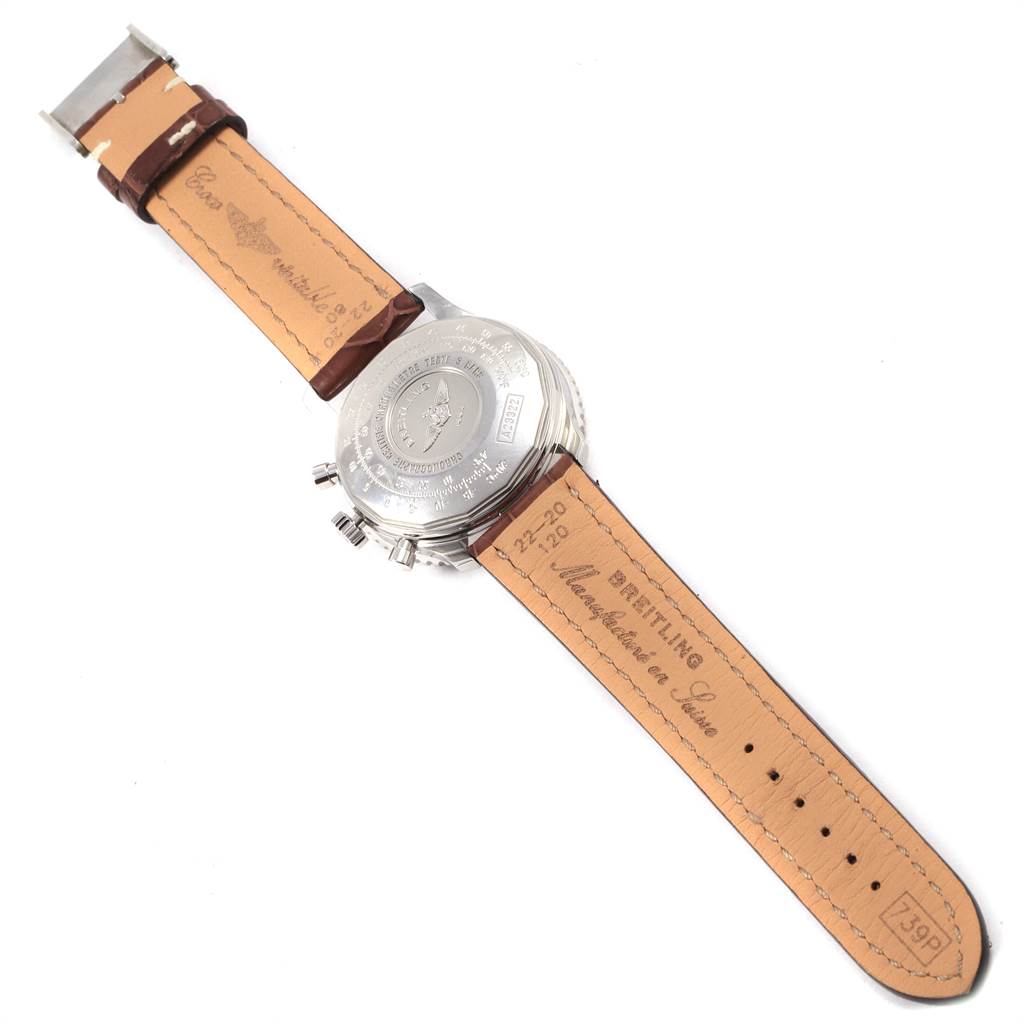 The image shows the back view of the Breitling Navitimer A23322 Men
s Stainless Steel Black Dial A23322 Men
s Stainless Steel Black Dial watch, highlighting the case back and leather straps.