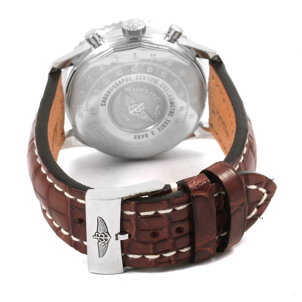 This image shows the back case and leather strap of the Breitling Navitimer A23322 Men
s Stainless Steel Black Dial A23322 Men
s Stainless Steel Black Dial watch.