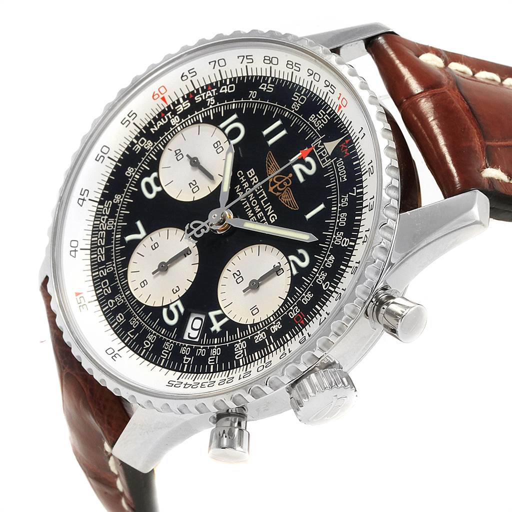 This image shows a side angle of the Breitling Navitimer A23322 Men
s Stainless Steel Black Dial A23322 Men
s Stainless Steel Black Dial watch, highlighting its dial, bezel, pushers, crown, and leather strap.