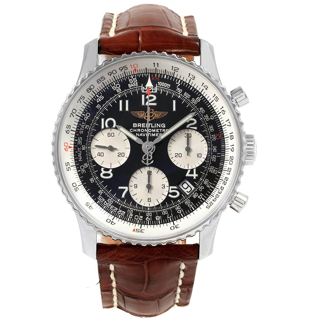 The image shows a front view of the Breitling Navitimer A23322 Men
s Stainless Steel Black Dial A23322 Men
s Stainless Steel Black Dial watch, highlighting its dial, chronograph sub-dials, and leather strap.