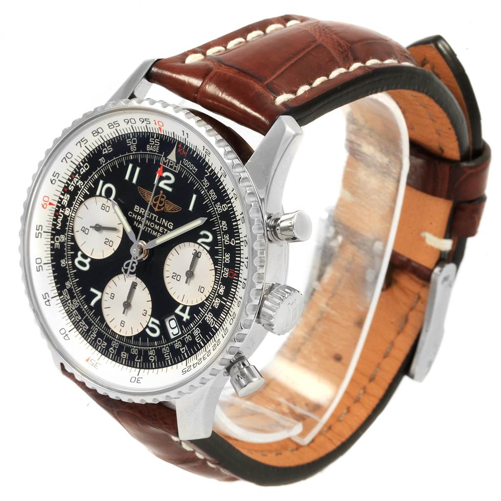 The image shows a Breitling Navitimer A23322 Men
s Stainless Steel Black Dial A23322 Men
s Stainless Steel Black Dial watch at a front angle, highlighting the face, bezel, and brown leather strap.