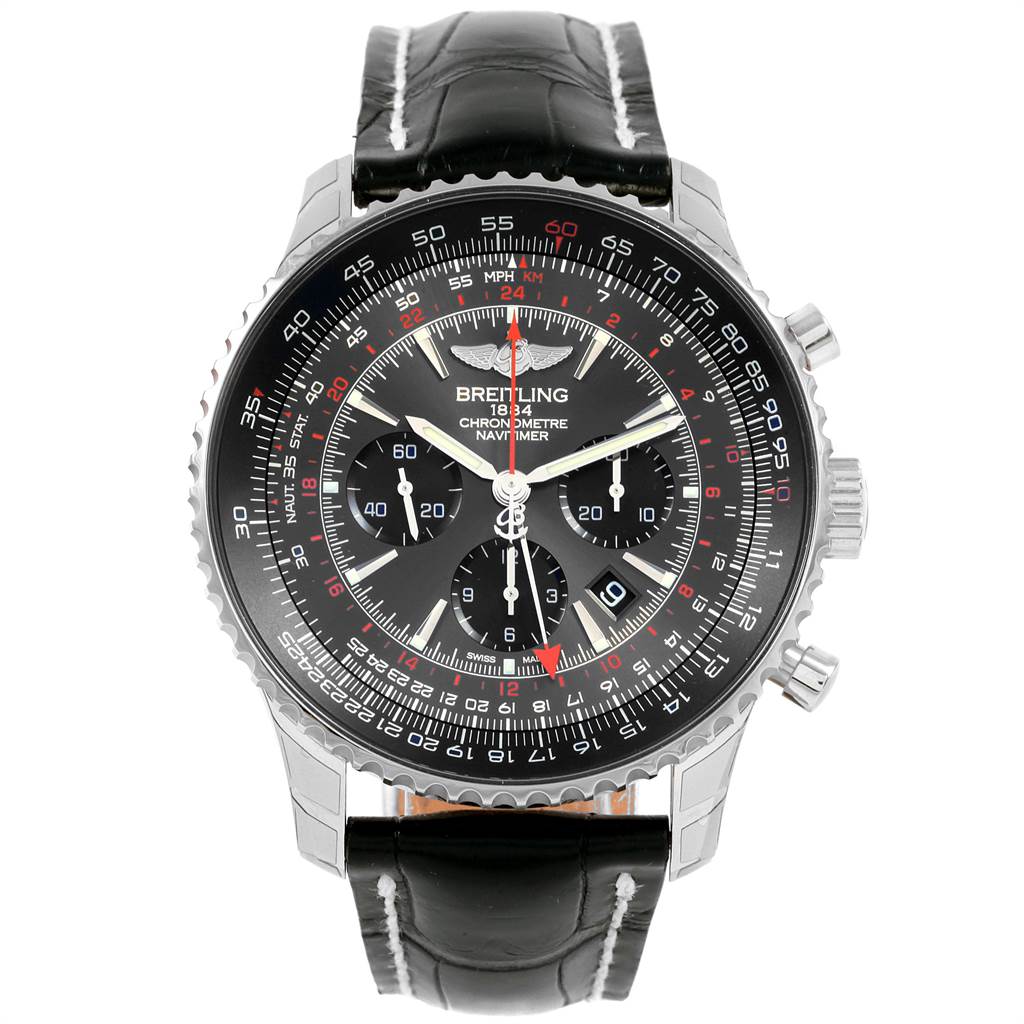 The image shows a Breitling Navitimer AB04413A-F573-441X Men's Stainless Steel Grey Dial AB04413A-F573-441X Men's Stainless Steel Grey Dial watch with a black dial, three sub-dials, a rotating bezel, and a black leather strap, viewed from the front.