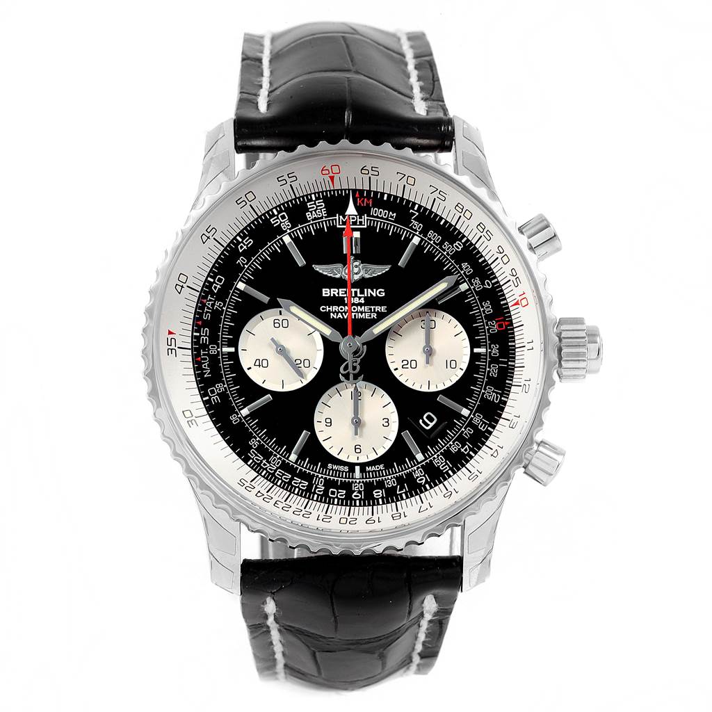 The Breitling Navitimer AB031021/BF77/441X Men
s Stainless Steel Black Dial AB031021/BF77/441X Men
s Stainless Steel Black Dial watch is shown from a front angle displaying its dial, subdials, bezel, and black leather strap.