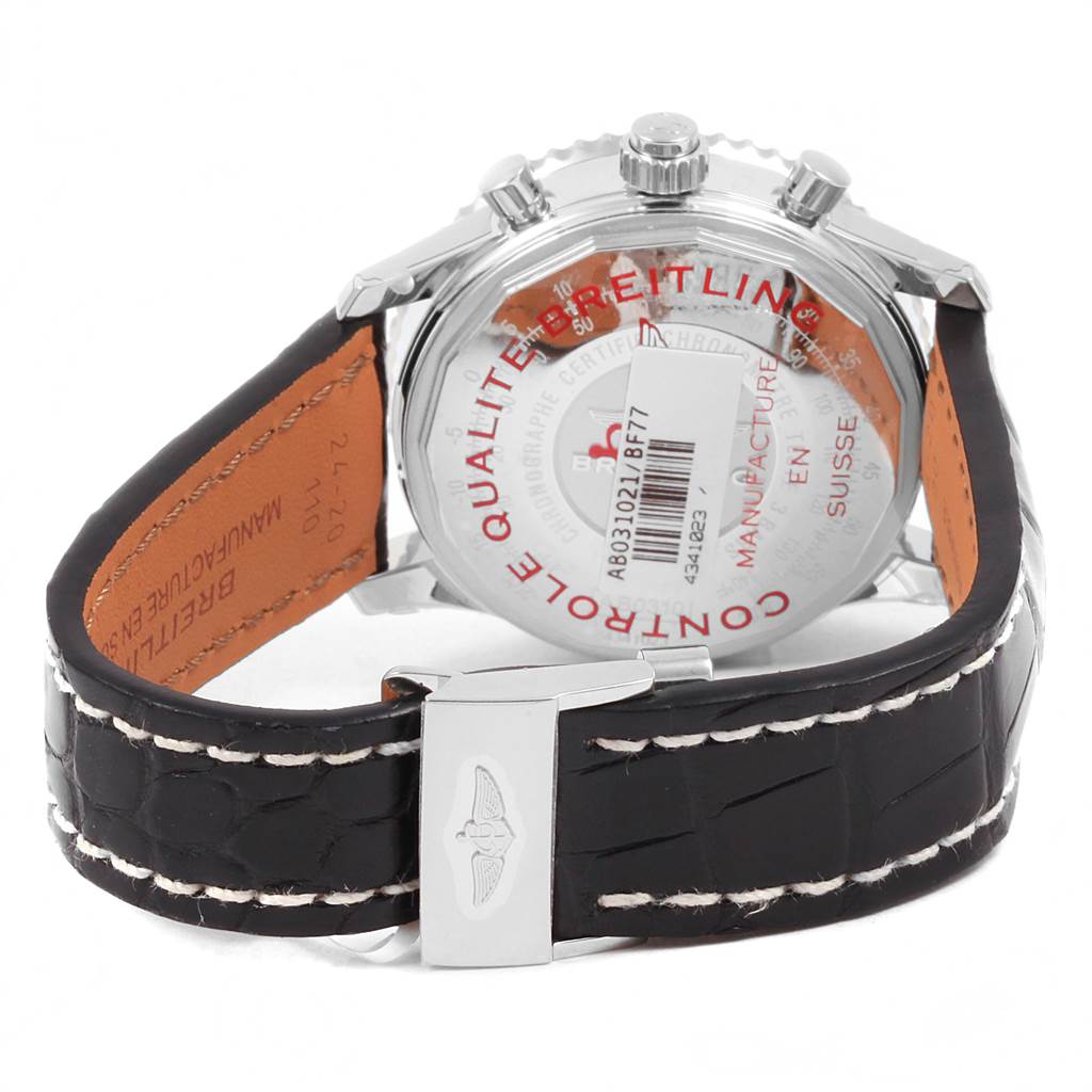 This image shows the back and part of the strap of a Breitling Navitimer AB031021/BF77/441X Men
s Stainless Steel Black Dial AB031021/BF77/441X Men
s Stainless Steel Black Dial watch.